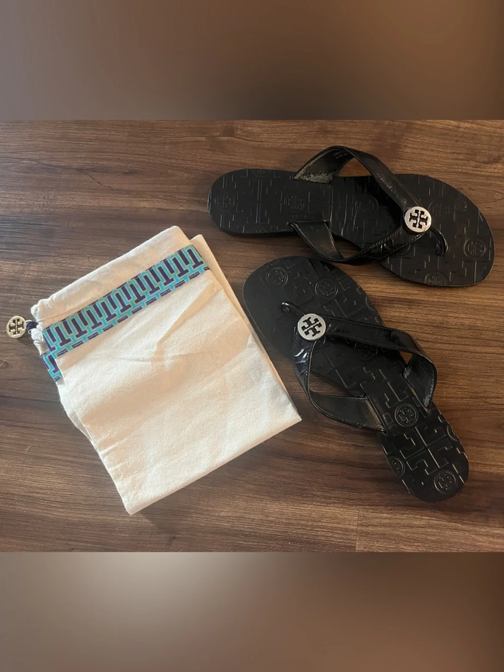 Tory Burch Thora Black Patent Leather Sandals